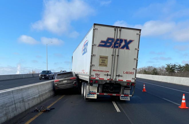 A tractor-trailer pinned the Mediouni family's Jeep Cherokee against a concrete barrier in a crash on Interstate 95 in Kittery, Maine, Wednesday, March 16, 2022.