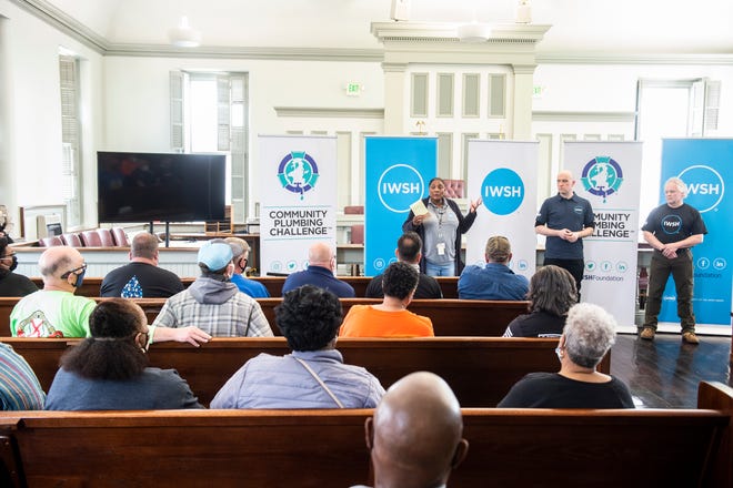 Sherry Bradley of the Alabama Department of Public Health speaks during a public town hall for the community plumbing challenge at the Lowndes County Courthouse in Hayneville, Ala., on Wednesday, March 16, 2022.