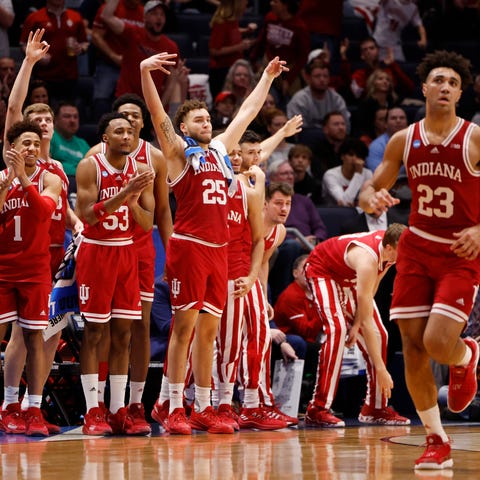The Indiana Hoosiers bench reacts to play in the s