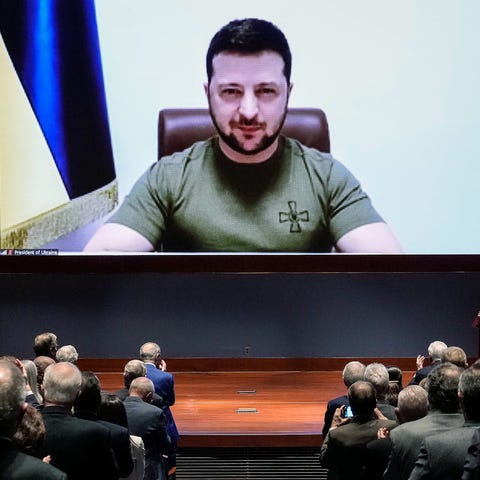 Ukrainian President Volodymyr Zelenskyy delivers a