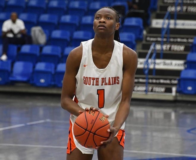 Freshman forward Celia Sumbane (1) scored 22 points Wednesday, leading South Plains College to a 65-42 victory against North Dakota State College of Science in the first round of the NJCAA Tournament at the Rip Griffin Center.