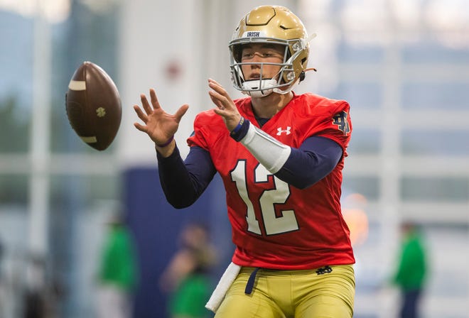 Notre Dame's Tyler Buchner during Notre Dame’s spring football practice on Thursday, March 17, 2022, inside the Irish Athletic Complex in South Bend.
