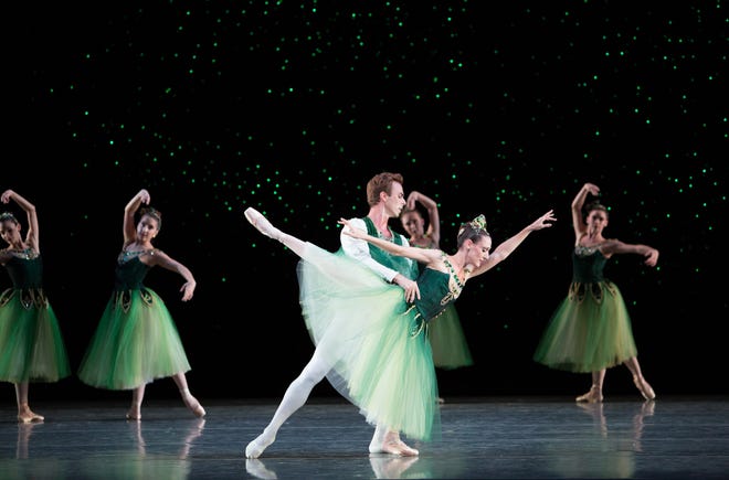 Tricia Albertson and Rainer Krenstetter dance in Emeralds from "Jewels," which features choreography by George Balanchine.