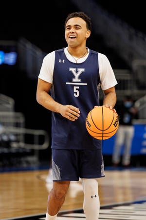 Mar 17, 2022; Milwaukee, WI, USA; Yale Bulldogs guard Azar Swain (5) during practice before the first round of the 2022 NCAA Tournament at Fiserv Forum. Mandatory Credit: Jeff Hanisch-USA TODAY Sports