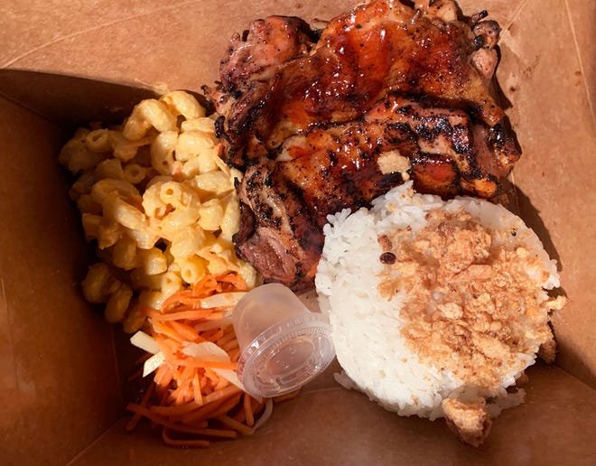 The OG chicken barbecue plate at Toduken comes with spiral mac salad and a bulb of white rice.