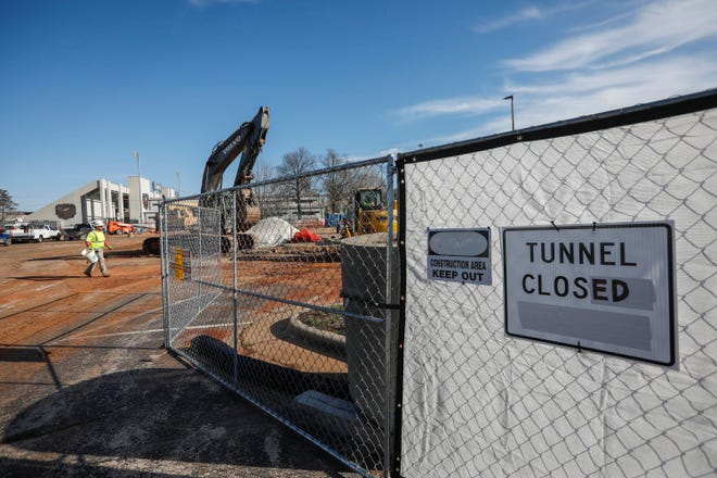 Work on the underground tunnel under Grand Street that leads from the parking lot to the Missouri State campus continues on Thursday, March 17, 2022.
