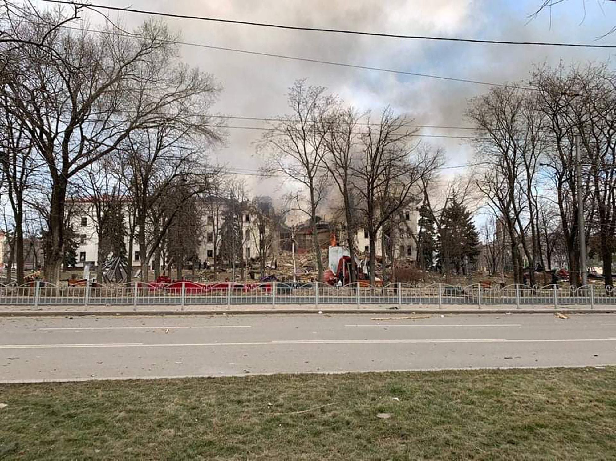 Handout picture published on the Telegram account of the governor of the eastern region Donetsk Pavlo Kirilenko on March 16, 2022, shows the Drama Theatre destroyed by shelling in Mariupol.