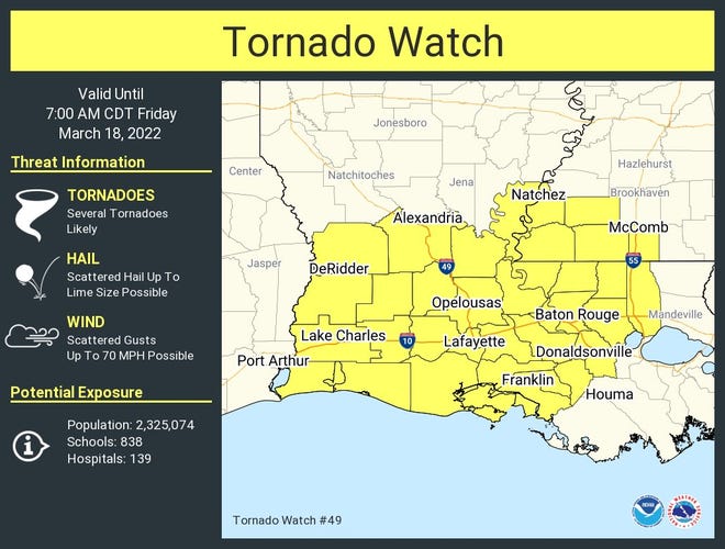 The National Weather Service released a graphic showing the area under a tornado watch until 7 a.m.