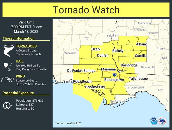 A tornado watch was issued for Panama City until 7 p.m. March 18, 2022.