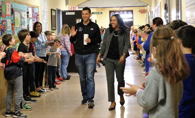 SpaceX Commander Jared Isaacman, an alumnus of Wilson Elementary School, receives a warm welcome during a visit on Wednesday, March 16.  Isaacman is pictured here with Wilson principal Crystal Marsh.