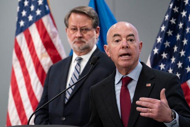 U.S. Sen. Gary Peters, left, is joined by Homeland Security Secretary Alejandro Mayorkas in a press conference March 18, 2022 at the Zekelman Holocaust Center in Farmington Hills to discuss federal efforts to protect houses of worship and their congregations from terror attacks.