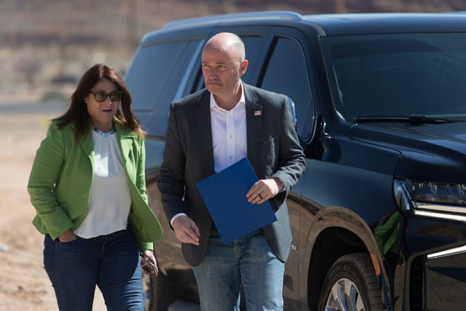 Utah Gov. Spencer Cox arrives at the groundbreaking ceremony in Hurricane on March 18. Cox and other governors are backing a bipartisan initiative they say could help states across the U.S. address a growing mental health crisis among children.