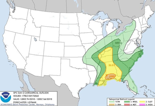 The National Weather Service is expecting severe weather for much of the Big Bend region Friday afternoon and Saturday.