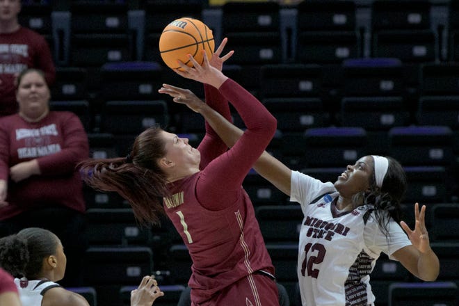 Florida State center River Baldwin (1) shoots against Missouri State forward Jennifer Ezeh (12) during the first half of a First Four game in the NCAA women's college basketball tournament Thursday, March 17, 2022, in Baton Rouge, La. (AP Photo/Matthew Hinton)