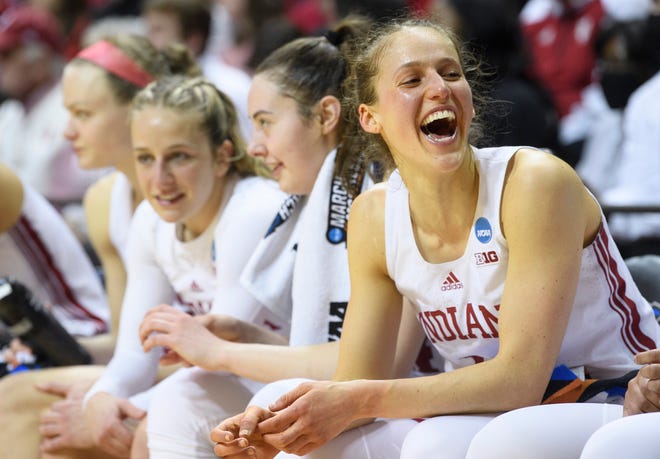 Indiana's Ali Patberg (14) smiles on the bench during the second half of the Indiana versus Charlotte women's NCAA First Round game at Simon Skjodt Assembly Hall on Saturday, March 19, 2022.