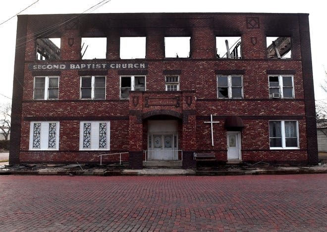 The remains of Ranger's Second Baptist Church on March 18. The building burned after one next door caught fire too.