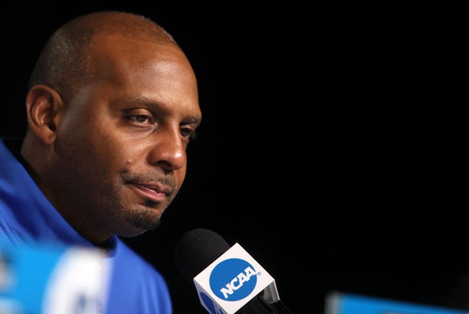 Memphis Tigers Head Coach Penny Hardaway talks to the press after their 82-78 loss to the Gonzaga Bulldogs in their second round NCAA Tournament matchup on Saturday, March 19, 2022 at the Moda Center in Portland, Ore.