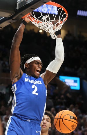 Memphis Tigers center Jalen Duren dunks the ball against the Gonzaga Bulldogs during their second round NCAA Tournament matchup on Saturday, March 19, 2022 at the Moda Center in Portland, Ore.