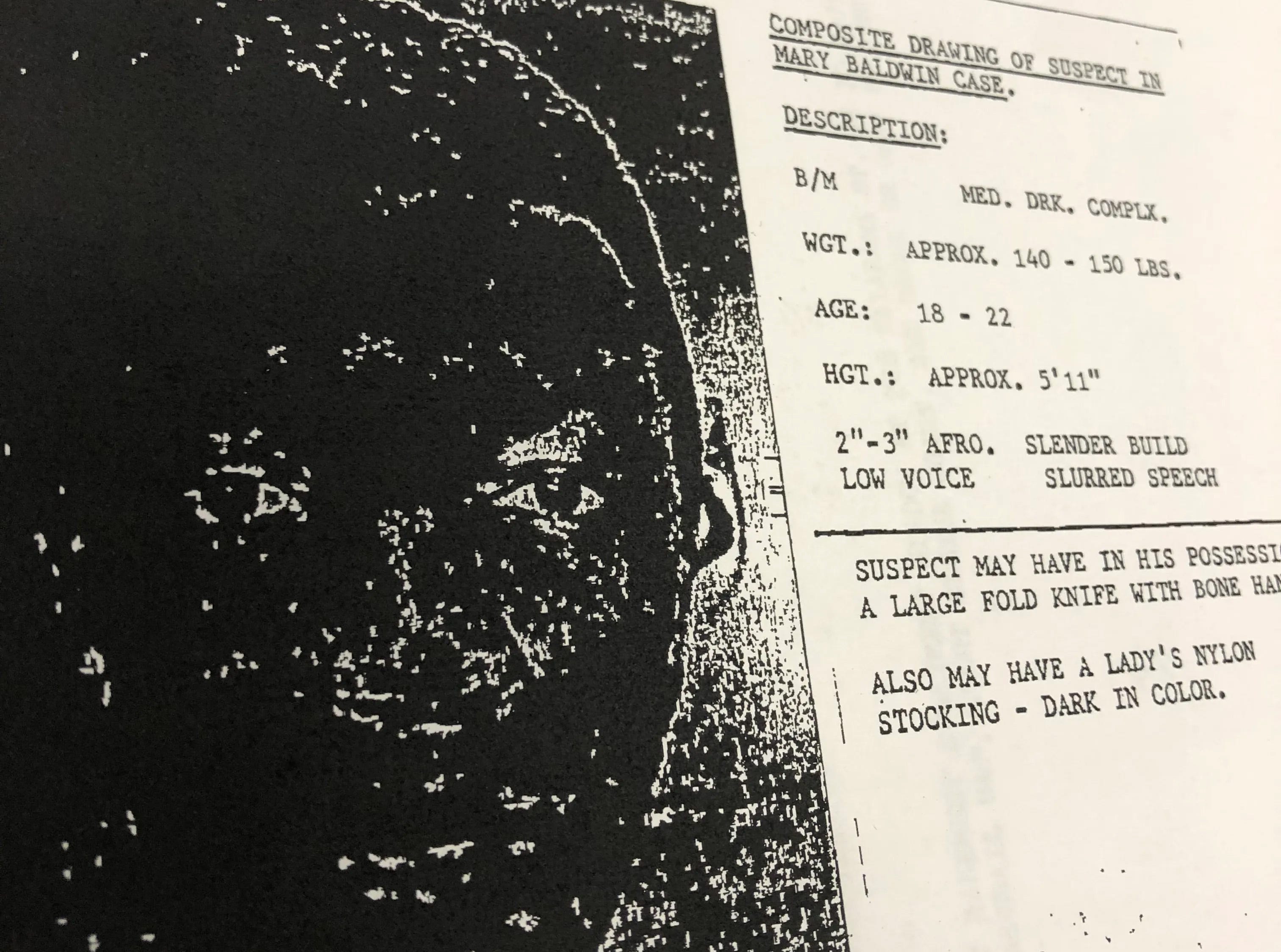 One of several composite sketches developed in 1979 for the Staunton Police. From the final report of the Virginia State Police's Special Agent.