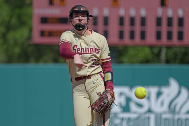 FSU pitcher Kathryn Sandercock delivers a pitch during the Seminoles' 4-0 win over Boston College on Sunday, March 20, 2022.