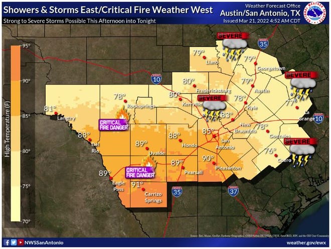 After showers and possibly isolated storms this morning, strong to severe storms are expected this afternoon across eastern areas while critical fire weather conditions are expected this afternoon across western areas. See the Severe Storms and Red Flag Warning tabs for further details. Otherwise, highs in the upper 70s to lower 90s can be expected.