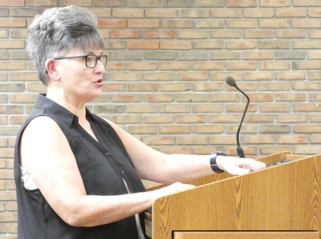 Vicki Dishon speaks at a regular joint committee meeting of Bucyrus City Council on March 17.
