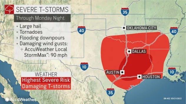 East Texas is bracing for an outbreak of severe weather Monday afternoon and evening.