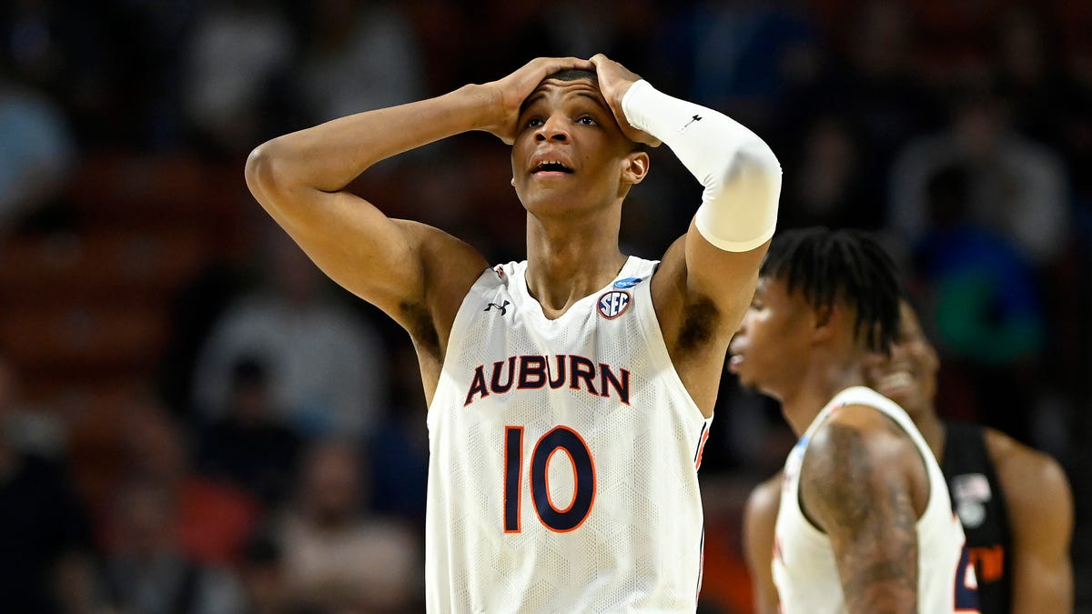 Jabari Smith of the Auburn Tigers reacts in the second half against the Miami (Fla.) Hurricanes during the second round of the 2022 NCAA Men's Basketball Tournament at Bon Secours Wellness Arena on March 20, 2022 in Greenville, South Carolina.