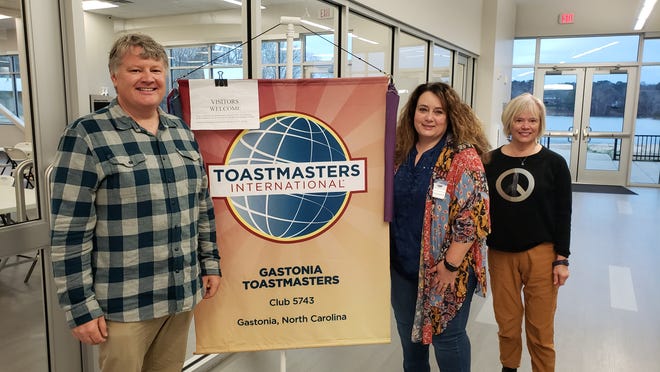 Shown, from left, are: Matt Rand, president of Gastonia Toastmasters, new member Tina Lockhart, and Cam Tracy,  vice president of membership.