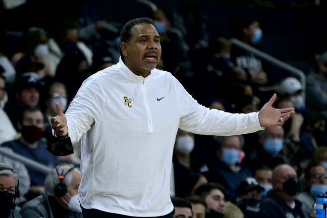 Providence College Friars coach Ed Cooley questions the ref during a first-half call.  Providence College Friars host the Butler Bulldogs men's basketball at Dunkin Donut Center on January 23, 2022.  [The Providence Journal / Kris Craig]  ORG XMIT: 00042492A
