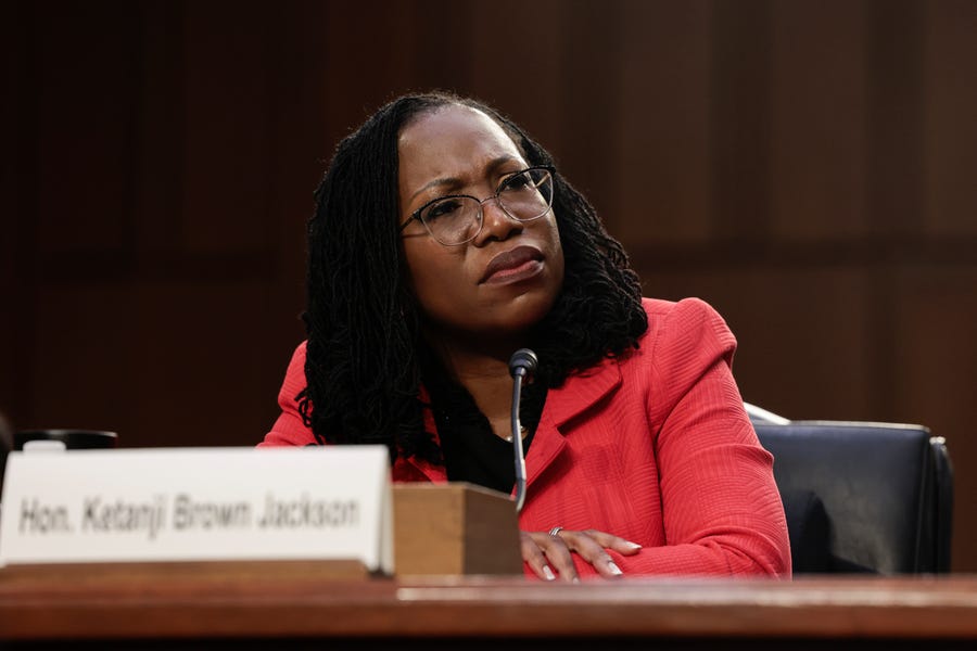 WASHINGTON, DC - MARCH 22: U.S. Supreme Court nominee Judge Ketanji Brown Jackson testifies during her confirmation hearing before the Senate Judiciary Committee in the Hart Senate Office Building on Capitol Hill, March 22, 2022 in Washington, DC. Judge Ketanji Brown Jackson, President Joe Biden's pick to replace retiring Justice Stephen Breyer on the U.S. Supreme Court, would become the first Black woman to serve on the Supreme Court if confirmed. (Photo by Anna Moneymaker/Getty Images)