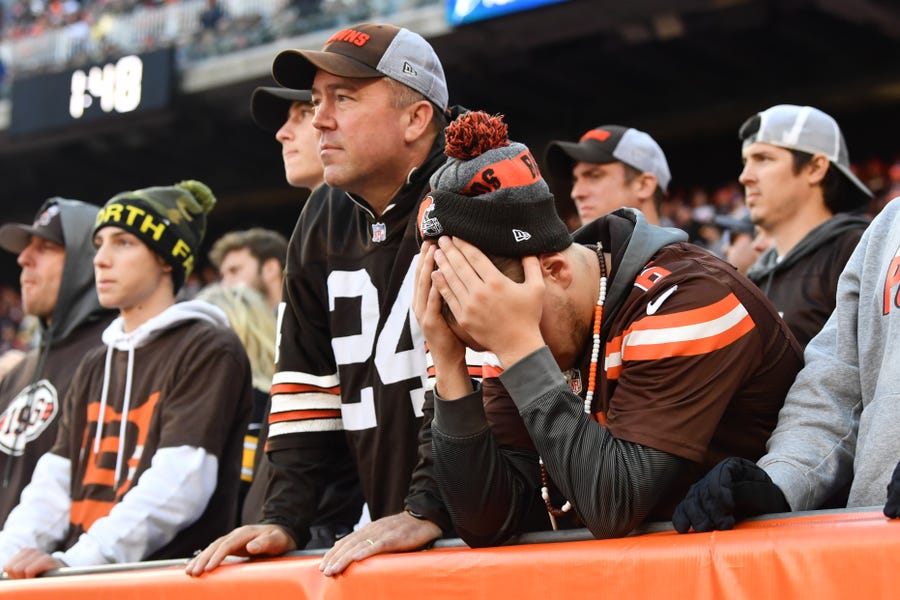 Oct 31, 2021; Cleveland, Ohio, USA; A Cleveland Browns fan reacts to the action late in the game against the Pittsburgh Steelers at FirstEnergy Stadium. Mandatory Credit: Ken Blaze-USA TODAY Sports