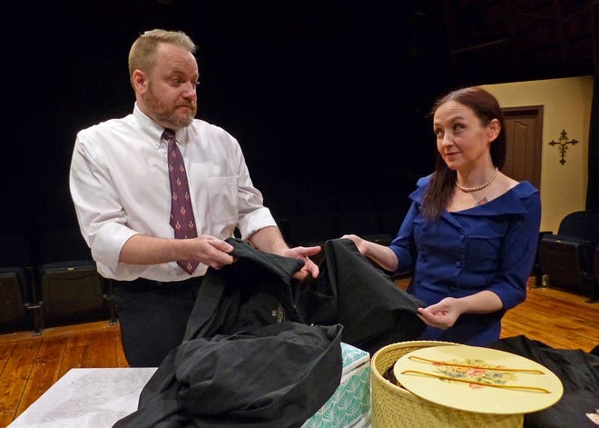 Reporter Paul (Justin Raver, Kewanee) demonstrates for skeptical partner Sally (Dana Skiles, Geneseo) that he's a competent seamstress himself in "Drinking Habits".