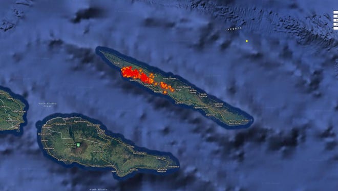 Seismic activity on the island of São Jorge, Azores. More than 1,800 earthquakes have rocked the island since Saturday.