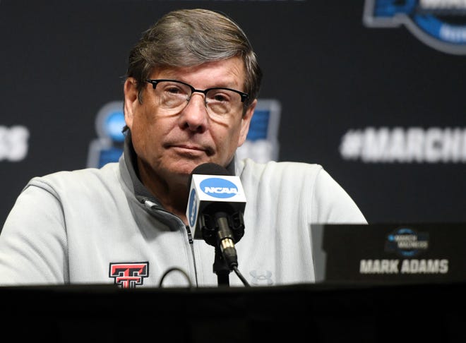 Texas Tech's head men's basketball coach Mark Adams listens to a question during a press conference, Wednesday, March 23, 2022, at the Chase Center in San Francisco.