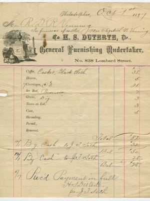 An 1897 receipt for the Philadelphia funeral business of Henrietta Duterte, the first documented female undertaker in America.