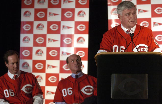 In January 2006, the Cincinnati Reds announced a new ownership group consisting of (left) Thomas L. Williams, vice chairman, and W. Joseph Williams Jr., chairman, and CEO Robert H. Castellini during a news conference at Great American Ball Park.