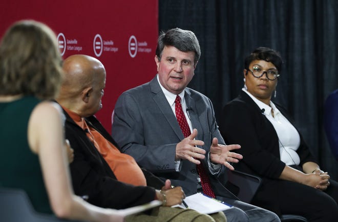 Brent McKim, president of the Jefferson County Teachers Association, makes remarks during the community discussion on the proposed JCPS student assignment changes at the Norton Healthcare Sports and Learning Campus in Louisville, Ky. on March 22, 2022.  