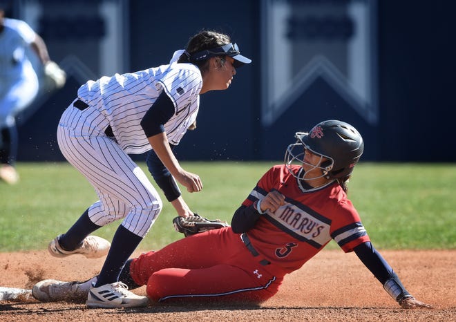 Nevada's Lauren Gutierrez applies a tag against Saint Mary's in a March game in Reno. The Wolf Pack plays at San Diego State this weekend, following an overnight equipment theft on Thursday.