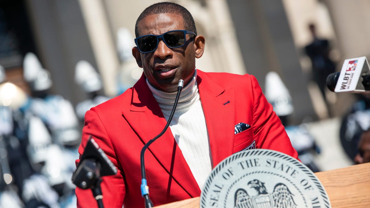Jackson State football head coach Deion Sanders addresses the crowd during JSU Football Day at the Capitol in Jackson, Mississippi on Feb. 15.