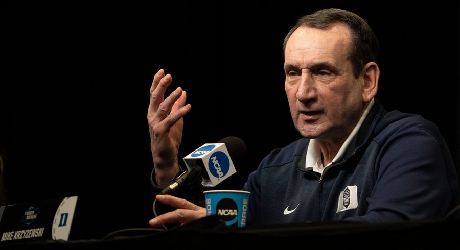 Mike Krzyzewski addresses the media at a press conference Wednesday at Chase Center in San Francisco.