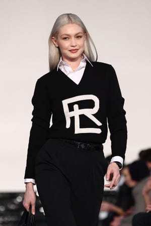 Gigi Hadid walks the runway at the Ralph Lauren Fall 2022 Fashion Show at the Museum of Modern Art on March 22, 2022 in New York City.