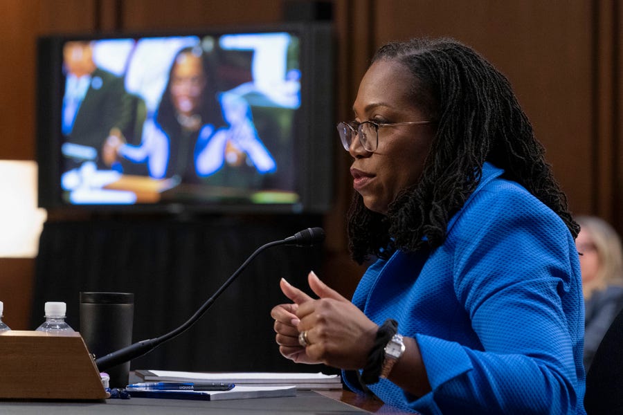 Supreme Court nominee Ketanji Brown Jackson speaks before the Senate Judiciary Committee as she attends the third day of her confirmation hearing, on Capitol Hill, in Washington, Wednesday,