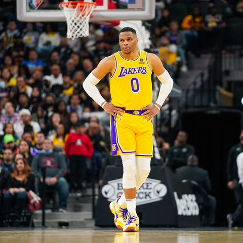 Los Angeles Lakers guard Russell Westbrook (0) loo