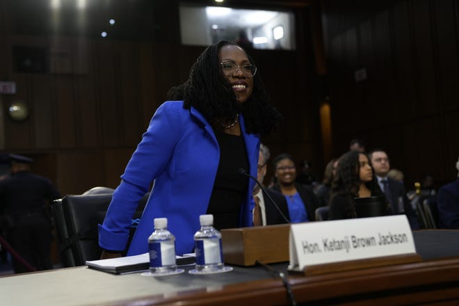 Supreme Court Associate Justice nominee Ketanji Brown Jackson takes her seat before the Senate Judiciary Committee during her confirmation hearing on March 23, 2022 in Washington. Judge Jackson was nominated by President Joe Biden to replace Associate Justice Stephen Breyer, who plans to retire at the end of the term. If confirmed, Judge Jackson will be the first Black woman to sit on the United States Supreme Court.