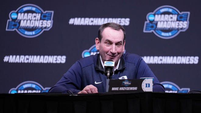 March 23, 2022; San Francisco, CA, USA; Duke Blue Devils head coach Mike Krzyzewski addresses the media in a press conference during practice day of the NCAA Tournament West Regional at Chase Center. Mandatory Credit: Kelley L Cox-USA TODAY Sports