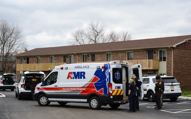 Vanderburgh County Sheriff's deputies and first responders at Eden Court Apartments Tuesday, March 24, 2021, after 46-year-old Antwynette Pope allegedly pulled a knife on deputies attempting to perform an eviction.