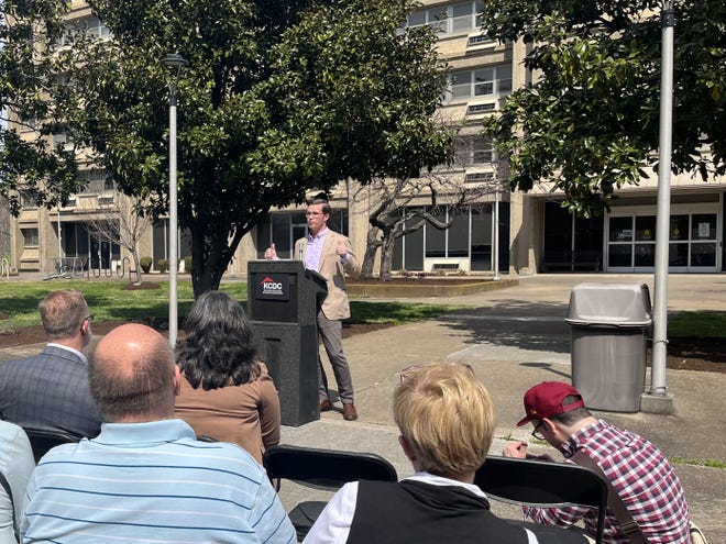 KCDC’s executive director and CEO Ben Bentley addresses the crowd at a ribbon cutting on March 22 for the reopening of Guy B. Love Towers. The building, which provides affordable housing for qualifying elderly and disabled residents, underwent a $6.5 million renovation. March 22, 2022