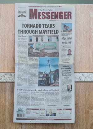The front page of the Mayfield Messenger after the Dec. 10 tornados ripped through Western Kentucky,