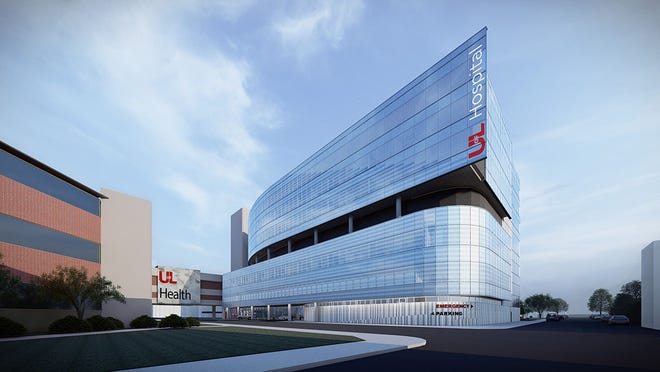A rendering of the planned seven-story expansion tower to be built next to the downtown University of Louisville Health Hospital. March 24, 2022